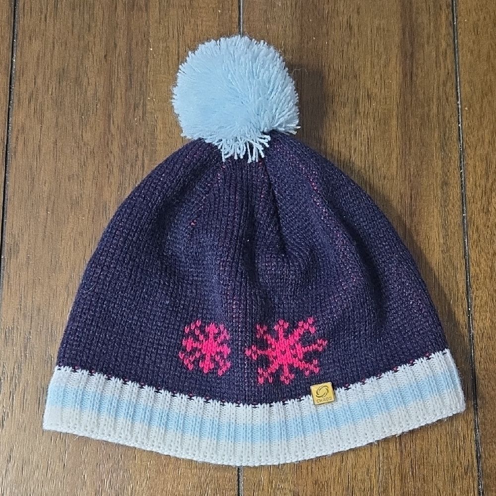 Chaco Beanie with Light Blue Pom and Snowflakes